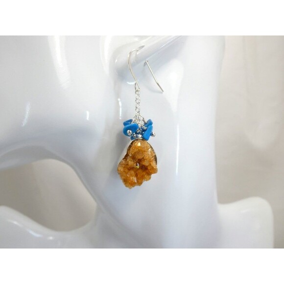 Bright Orange Citrine - Blue Arizona Turquoise Sterling Silver Earrings - Picture 8 of 9